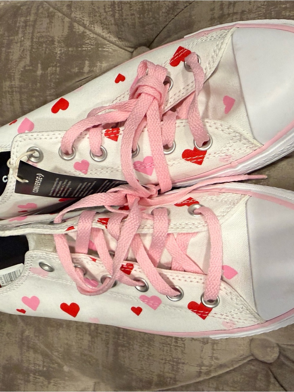 Converse White Canvas Sneakers with Pink Laces and Red & Pink Hearts